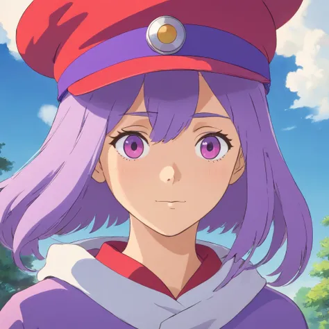 A close-up of a person wearing a red hat and purple outfit, Ghibli Moebius, estilo de Hayao Miyazaki, Estilo en el anime Ghibli, Estilo en estilo anime ghibli, por miyazaki, Miyazaki Film, Ghibli animated film, Hayao MiyazakiFilms of, miyazaki movie, high ...