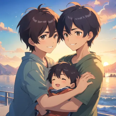 Close-up of cartoon characters with 2 little boys hugging and playing together, A strong, black-haired, smiling little boy puts his arm around another cute little boy with tiger teeth screaming, 2 cute anime boys,Shota character, cute character, Cute Art，T...