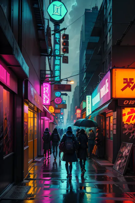 vibrant color details, best quality, masterpiece, illustrations, extremely detailed, new york city themed cyberpunk broken down dark city, ghetto, graffiti on buildings, art murals, street filled with billboard neon light ads, streets lit by light posts an...