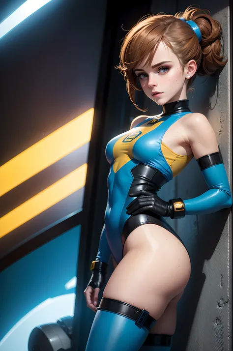 emma watson dressed as a sexy mega man. sci fi. vibrant colors.