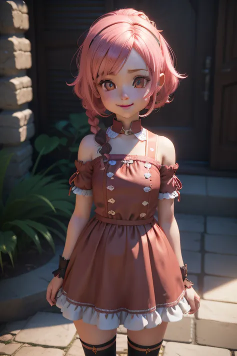 barnet, 5 anos aproximadamente, garota pequena, estilo chibi, Olhos grandes, sorriso fofo, cabelo rosa, 3D-rendering, estilizada, unreal engine 5, cores vivas, imagem corpo todo.