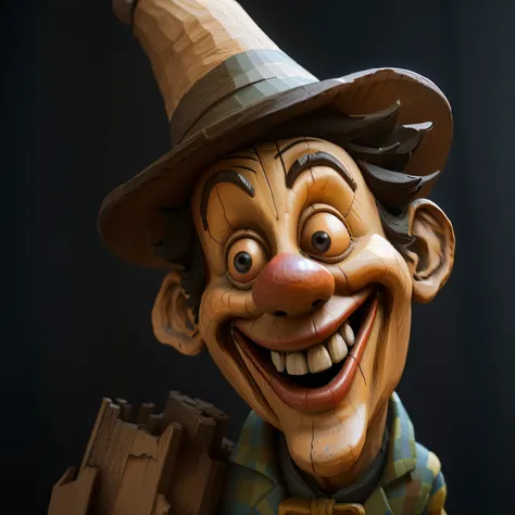 There is a wooden statue of a clown with hat and bow tie, Pinocchio half wooden, cute funny figurine wooden, pinocchio nose, Pinocchio, Personagem de close up, character with a hat, retrato de weta disney, sorriso pateta, trending on polycount, como um per...