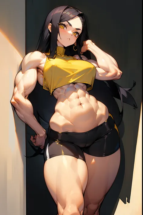 (((1 girl))), black hair, yellow eyes, very long hair, ((((muscular)))), tall, ((loose white crop top and black bike shorts)), close up, (solo), (wide hips), (thick thighs), (large breasts), against wall, underboob