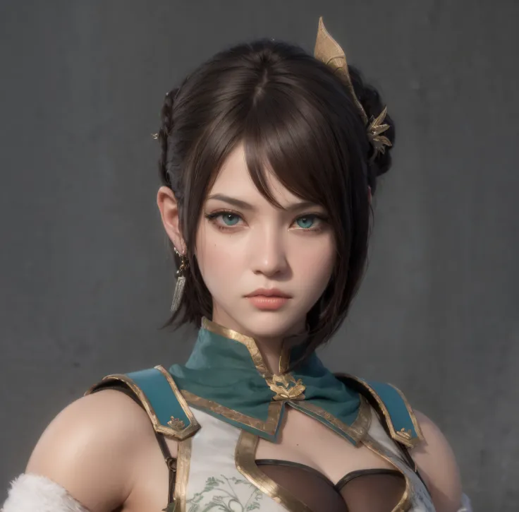 personagem do game dynasty warriors, rosto ultra detalhado, Makeup Bug Fix, rosto angelical, textura ultra realista, olhos detalhados, olhos verdes lindos