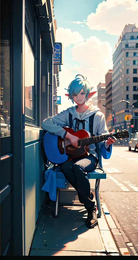 polaroid photograph, Masterpiece, Best quality, 1boys, Cloud Elf Queen bus on the streets of New York, Casual, Sitting, Playing guitar, filmgrain, Soft lighting, Smile