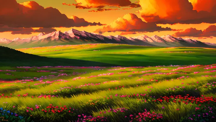 Create a landscape of a small world with temperate and mild climate with a small red sun shining with a softer hue in the sky and the color of the sky is orange red with softer shades