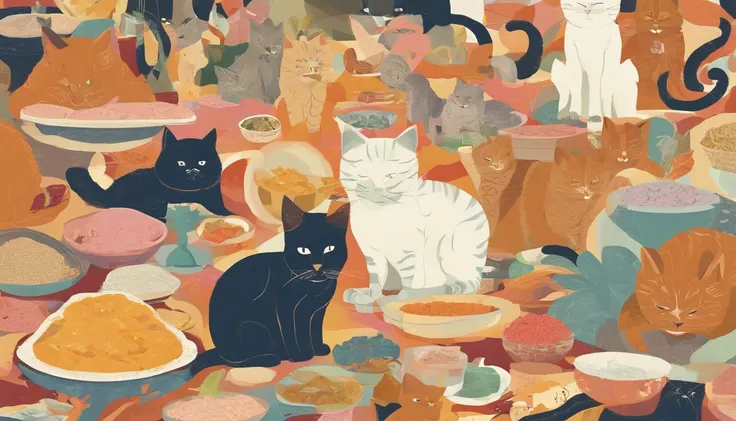 Cats steal cat food，The proportions are moderate, Gradient color, Soft color palette, Hierarchical form, simplebackground, Spatial perspective is correct, large panorama, structurally correct, Depth of field, f/1.8, Best quality