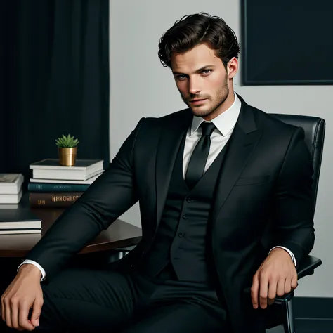 ((half body)) Photo RAW Ceo man sitting in an office chair,leaning on an office desk with a mack book on the desk with his hands crzed,wearing black suit, (Using dark beard) movie scene, (Impeccable) ,Serious and elegant man, Actor Jamie Dornan, with thick...