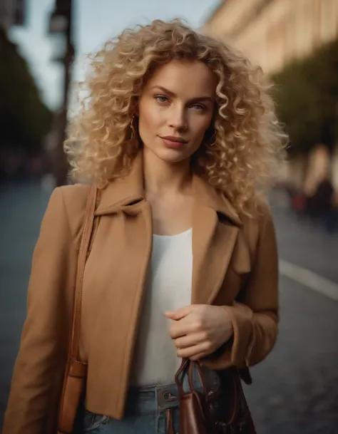 blonde woman with curly hair poses on the street, a handbag, photo taken with provia, in the style of ultrafine detail, high quality photo, 105 mm f/2.4