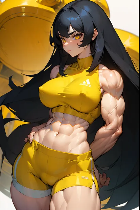 (((1 girl))), black hair, yellow eyes, very long hair, ((((muscular)))), tall, ((crop top and bike shorts)), ((close up)), (solo), palace hall, (wide hips), (thick thighs), (large breasts)