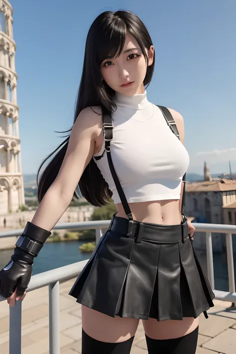 masterpiece, best quality, 7rtifa, crop top, arm guards, fingerless gloves, suspenders, pleated miniskirt, black thighhighs, upper body, standing, (leaning tower of pisa) in background, looking at viewer, smile