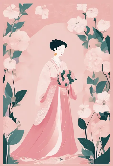 full-colour illustration，A woman in traditional dress holds a hydrangea ball，Demonstrate hydrangea skills。 In a pastel pink、purpleish color、Gold predominantly，Presents the gentleness and elegance of a woman。