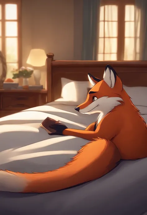 Solo, Nick wilde, laying on a king sized bed, looking into camera lustfully, nsfw, exposed knot, male fox genitalia, erect, dripping pre from cock