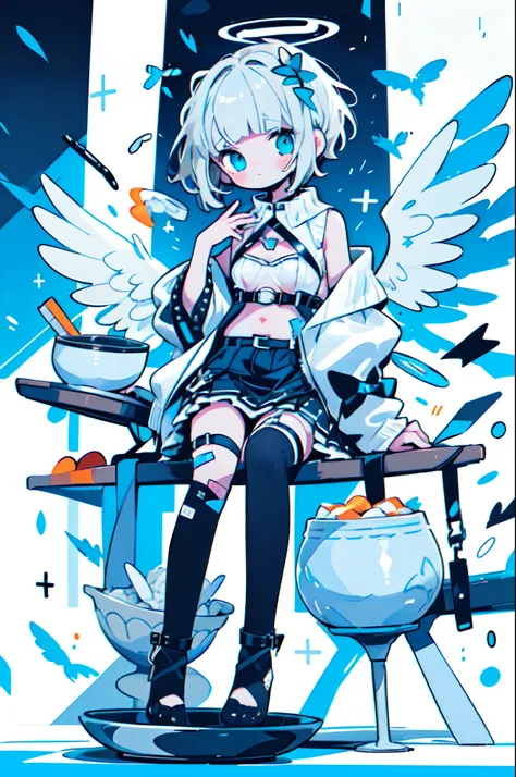 fullbody, 1 girl, floating sitting pose, pale skin, ((blue halo,)) white hair, ((blunt bangs, straight bangs)), ((short hair)), ((hime cut)), ((bowl cut hair)), ((side little ponytail)), sad, sniffle, white tight sweater with boob window, light blue harnes...