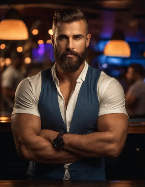 masterpiece, best quality, high resolution, closeup portrait, male focus, solo focus, muscular, burly, hairy, male, a handsome man, perfect face, scruffy beard, short hair, exposed chest, jeans, in a bar, neon lights, front view, full body, amazing composi...