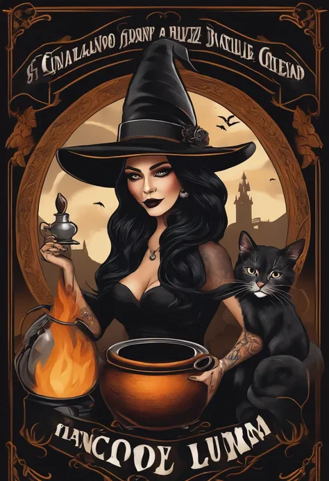 Tattoo convention poster with a beautiful and tattooed witch, wearing traditional black witch dress and witch hat, com cabelos brancos, em seu quarto de alquimista, stirring a cauldron with his black cat on the side watching, tendo como pano de fundo uma n...