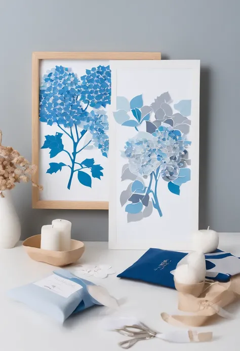 Show details of the hydrangea making process，Such as embroidery needles、Step-by-step completion of embroidery thread and hydrangeas。In bright blue、white colors、Grey predominantly，Highlight the clarity and meticulousness of the production process。