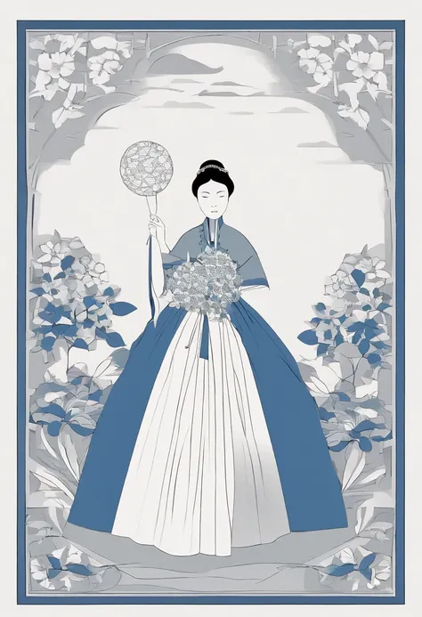 A woman in traditional dress holds a hydrangea ball，Show details of the hydrangea making process，Such as embroidery needles、Step-by-step completion of embroidery thread and hydrangeas。In bright blue、white colors、Grey predominantly，Highlight the clarity and...