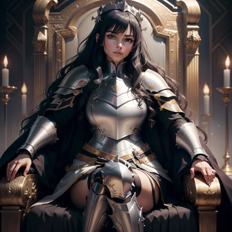 Silver armour, plate armour, fully clothed, two legs, sitting on throne, pompous