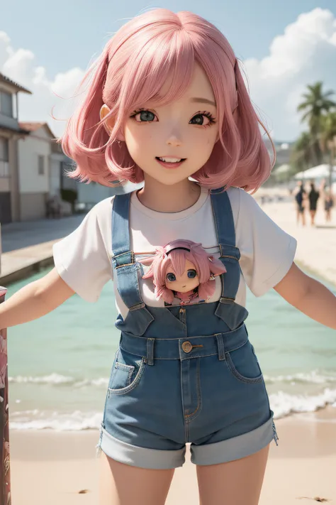 There is a doll that is on the beach with pink hair, kawaii retrato realista, Estilo anime 3D realista, menina bonito com cabelo rosa curto, menina kawaii bonito, render de uma menina anime 3d bonito, painting digital adorable, photorealistic anime girl re...