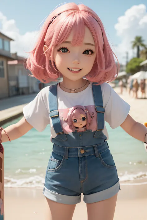 There is a doll that is on the beach with pink hair, kawaii retrato realista, Estilo anime 3D realista, menina bonito com cabelo rosa curto, menina kawaii bonito, render de uma menina anime 3d bonito, painting digital adorable, photorealistic anime girl re...