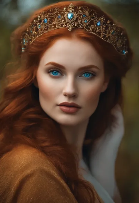 redhead queen, tall, blue eyes, perfect nose, fat, round face, straight eyebrow god