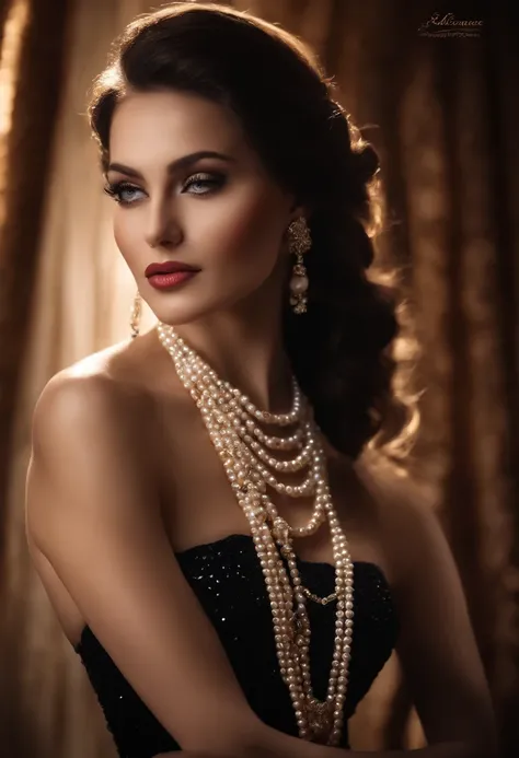 The sexiest beautiful beauty in the world,ellegance，pearls necklace，black color dress, Cinematic texture, Best quality, Movie poster, Soft lighting, Warm colors,