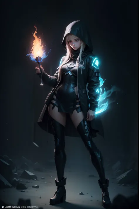 masterpiece,  Rogue assassin girl,  wearing a hood,  blonde hair,  shrouded in shadows,  holding a blue flaming dagger in each hand,  vibrant glowing abyssal colors,  entirely in frame,  FULL BODY,  radiating electrical energy,  long swirling  hair,  Full ...