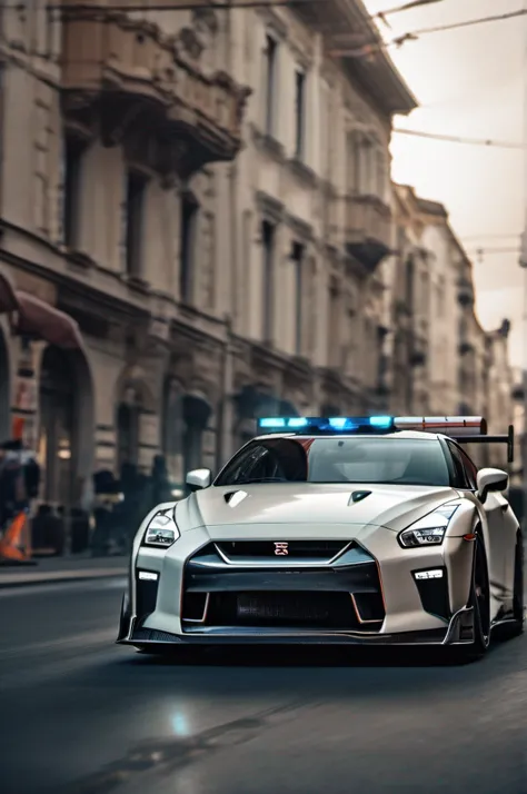 A quality image of Nissan GTR, Racing type, big wheels, street background, chasing police, high quality resolution, 4k, RTX, speed light