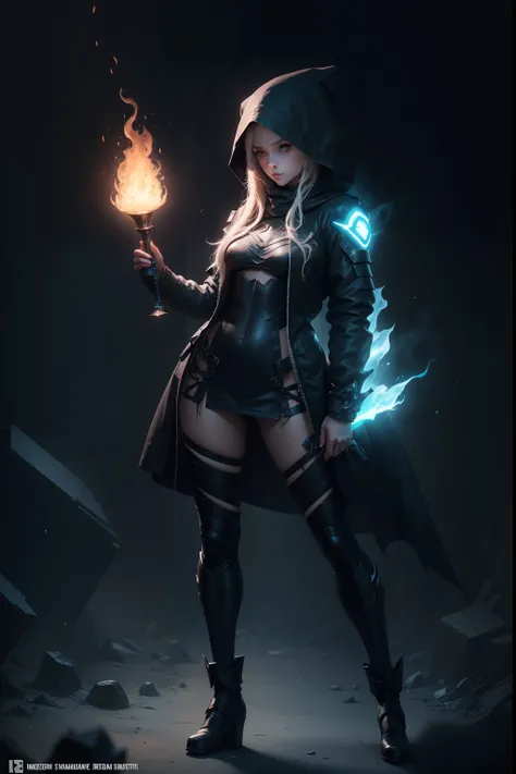 masterpiece,  Rogue assassin girl,  wearing a hood,  blonde hair,  shrouded in shadows,  holding a blue flaming dagger in each hand,  vibrant glowing abyssal colors,  entirely in frame,  FULL BODY,  radiating electrical energy,  long swirling  hair,  Full ...