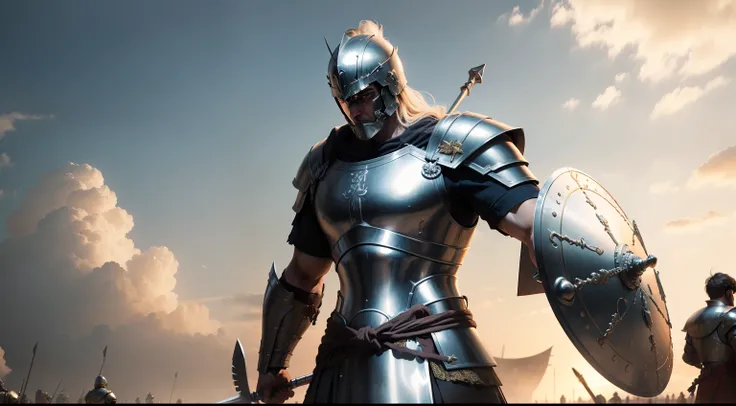 Create an image of a heroic Greek warrior in full armor, standing on the battlefield with a shield and spear, ready for battle.