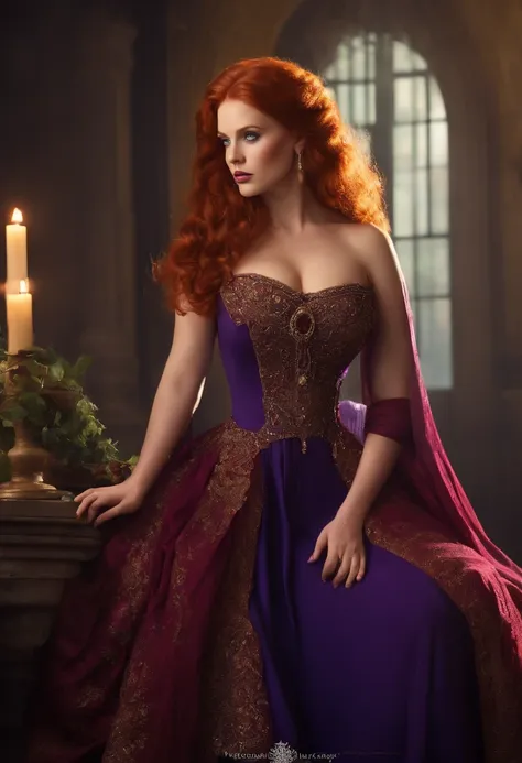 redhead queen, tall, blue eyes, perfect nose, fat, round face, straight eyebrow god, purple dress,(big-breasted:1.5) full body