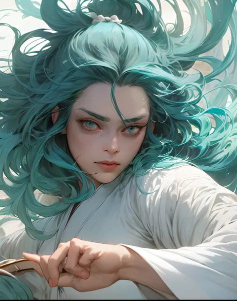 a close up of a man with a sword in a white dress, a character portrait by Yang J, trending on cgsociety, fantasy art, beautiful character painting, artwork in the style of guweiz, guweiz, white hanfu, flowing white robes, full body wuxia, epic exquisite c...