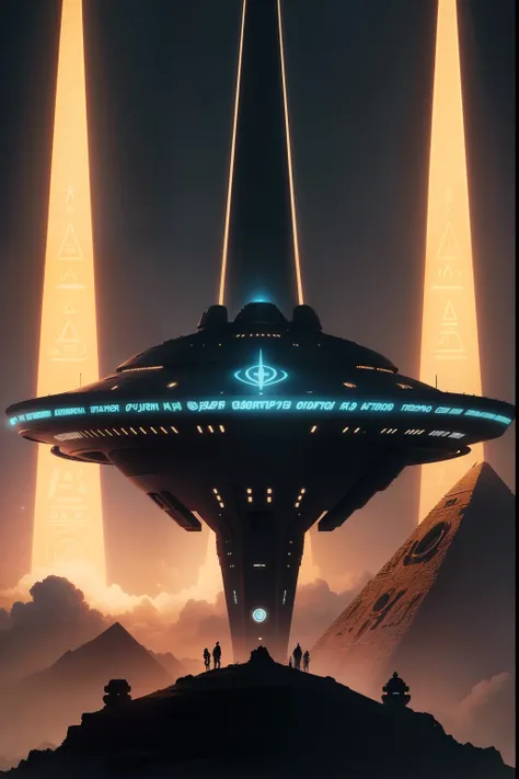 Spaceship abducting Egyptian symbols in a futuristic setting