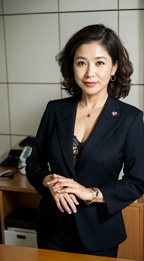 ((Best quality, 8K, Masterpiece, Portrait: 1.3)), (view the viewer), Photorealistic, Sharp focus, Solo, The Moro Islamic Liberation Front of Japan, Beauty, Clothes with Cleavage View,28 years old, Curly hair, Wrinkled eyes, Business suit，trouser, office ro...