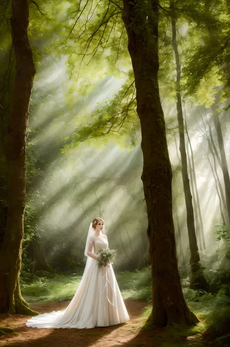 Create a portrait of the lady in an ethereal, ivory wedding dress amidst a magical forest. Soft, dappled light filters through the trees, casting a fairy-tale glow. The background is filled with lush greenery and enchanting elements