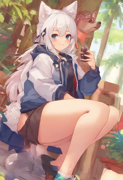 Single boy, Anime Femboy, Short, Long white hair, wolf ears, wolf tail, blue eyes, wearing jean short shorts, thigh high socks, black combat boots, wearing cropped black hoodie, flat chest, super flat chest, solo femboy, only one femboy ((FLAT CHEST)), wid...