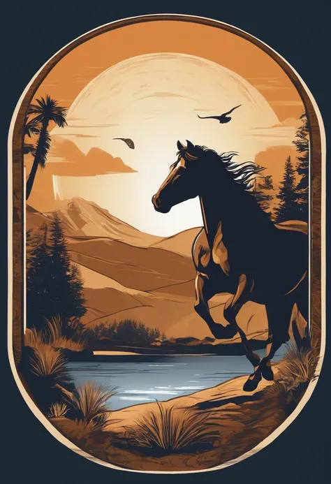 frame circular, print-ready vector t-shirt design, cena de aventura com cavalo, com belo sol noturno e montanha e um animal ao fundo, fundo branco limpo, vetor profissional, Tiro completo, 8K resolution, Illustration in deep print