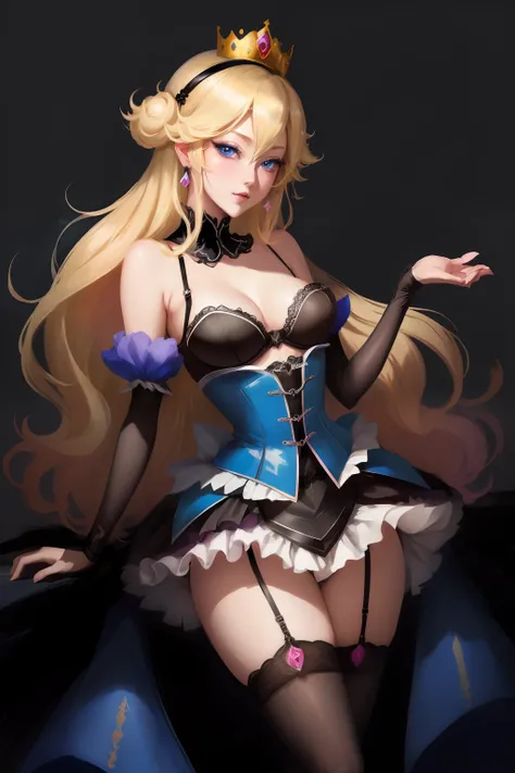 princess peach, blue eyes, Garter, black silken miniskirt, black silken blouse, black background, slick, cleavage, crown, laced bra, blonde, alluring, seductive, (2d cute anime:1.3), Vixip, pastel background, design by Yusuke Kozaki, oil by Gregory Manches...