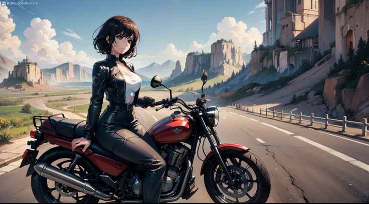 A beautiful woman is on her motorcycle on the road on a trip in a wonderful country, a sunny day, intricate details, soft light, dynamic composition, panoramic view, high definition, high resolution, anime style