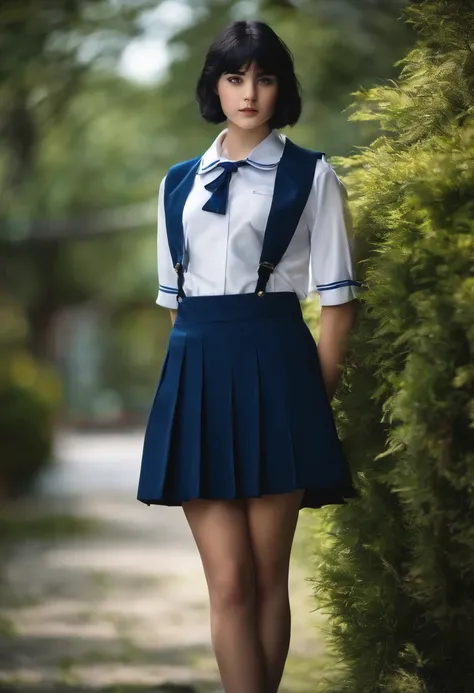 girl, short black hair, blue eye, wearing high school uniform,