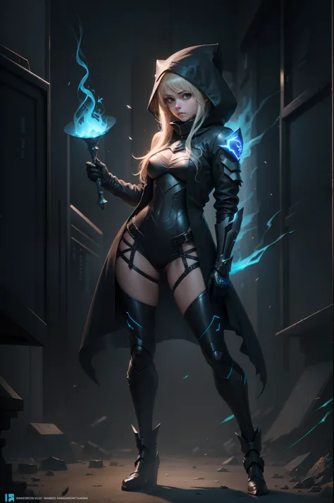 masterpiece,  Rogue assassin girl,  wearing a hood,  blonde hair,  shrouded in shadows,  holding a blue flaming dagger in each hand,  vibrant glowing abyssal colors,  entirely in frame,  FULL BODY,  radiating electrical energy,  long swirling  hair,  Full ...