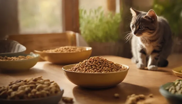 Cats steal cat food，The proportions are moderate, Gradient color, Soft color palette, Hierarchical form, simplebackground, Spatial perspective is correct, large panorama, structurally correct, Depth of field, f/1.8, Best quality