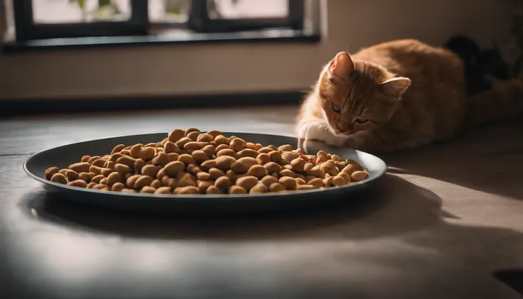 Cats steal cat food，The proportions are moderate, Gradient color, Soft color palette, Hierarchical form, simplebackground, Spatial perspective is correct, large panorama, structurally correct, Depth of field, f/1.8, Best quality