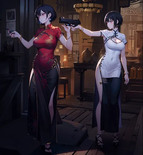 (masterpiece),(bestquality),highlydetailed,ultra-detailed, (2girls), (black hair:white hair:0.5), (bracelet), (breasts), (china dress), (chinese clothes), (dress), (earrings), (gun), (handgun), (jewelry), (medium breasts), (pistol), (short hair), (side sli...