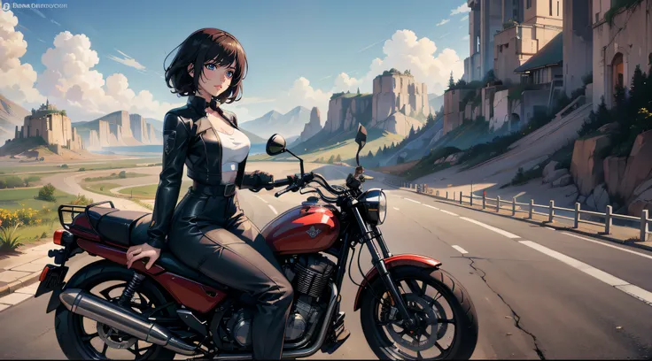 A beautiful woman is on her motorcycle on the road on a trip in a wonderful country, a sunny day, intricate details, soft light, dynamic composition, panoramic view, high definition, high resolution, anime style