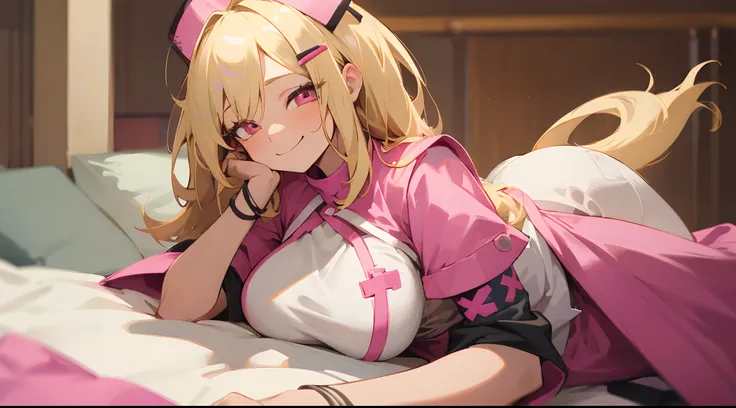 1 girl, blonde hair, blonde woman, Long tail, bright pink eyes, pastel colours, big breastes, Cute hair clips, tattoos on body, bracelets on the hands, Nurses clothing, white color of clothes, sits on a bunk, hospital, smirk