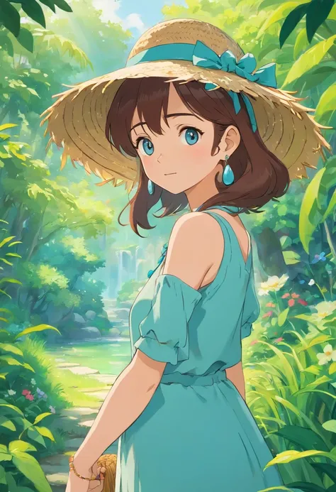 The girl with the straw hat in the anime, Long necklaces and earrings, In the style of a tranquil garden landscape, colorful animation stills, aquamarine, paul gauguin, Embry style, Honest portrayal