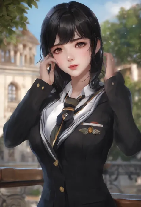 Girl, Short black hair, eBlue eyes, wearing a high school uniform,