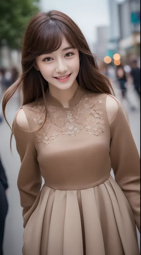 ((Best quality, 8k, Masterpiece :1.3)), 1girl, smiling, full body, slim face, Pretty woman, (Dark brown hair), full length dress :1.1, Ultra-detailed face, Detailed eyes, Double eyelid, blur background, slim face, city, outside, street,